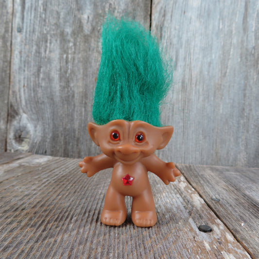 Vintage Troll Doll Orange Eyes and Star Belly Button Teal Green Hair Ace Novelty - At Grandma's Table