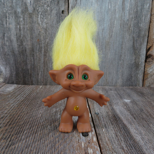 Vintage Troll Doll Yellow Hair and Jewel Belly Button Green Eyes Ace Novelty - At Grandma's Table