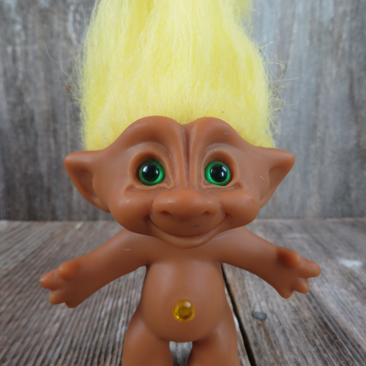 Vintage Troll Doll Yellow Hair and Jewel Belly Button Green Eyes Ace Novelty - At Grandma's Table