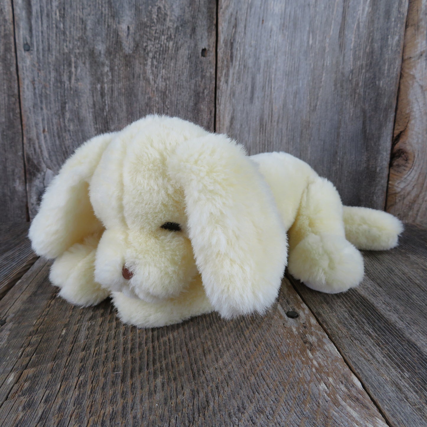 Vintage Puppy Dog Plush Rattle Baby Kinder Gund Cream Yellow Stuffed Animal Floppy Ears Stitched Nose 1985 - At Grandma's Table