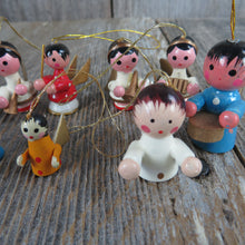 Load image into Gallery viewer, Vintage Wood Angel Ornament Set Lot Christmas Blue Yellow Red Wooden Cardboard Wings Instruments Craft - At Grandma&#39;s Table