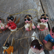 Load image into Gallery viewer, Vintage Wood Angel Ornament Set Lot Christmas Blue Yellow Red Wooden Cardboard Wings Instruments Craft - At Grandma&#39;s Table