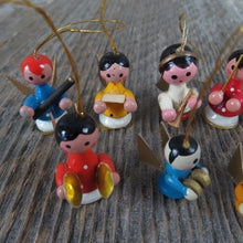 Load image into Gallery viewer, Vintage Wood Angel Ornament Set Lot Christmas Blue Yellow Red Wooden Cardboard Wings Instruments Craft - At Grandma&#39;s Table