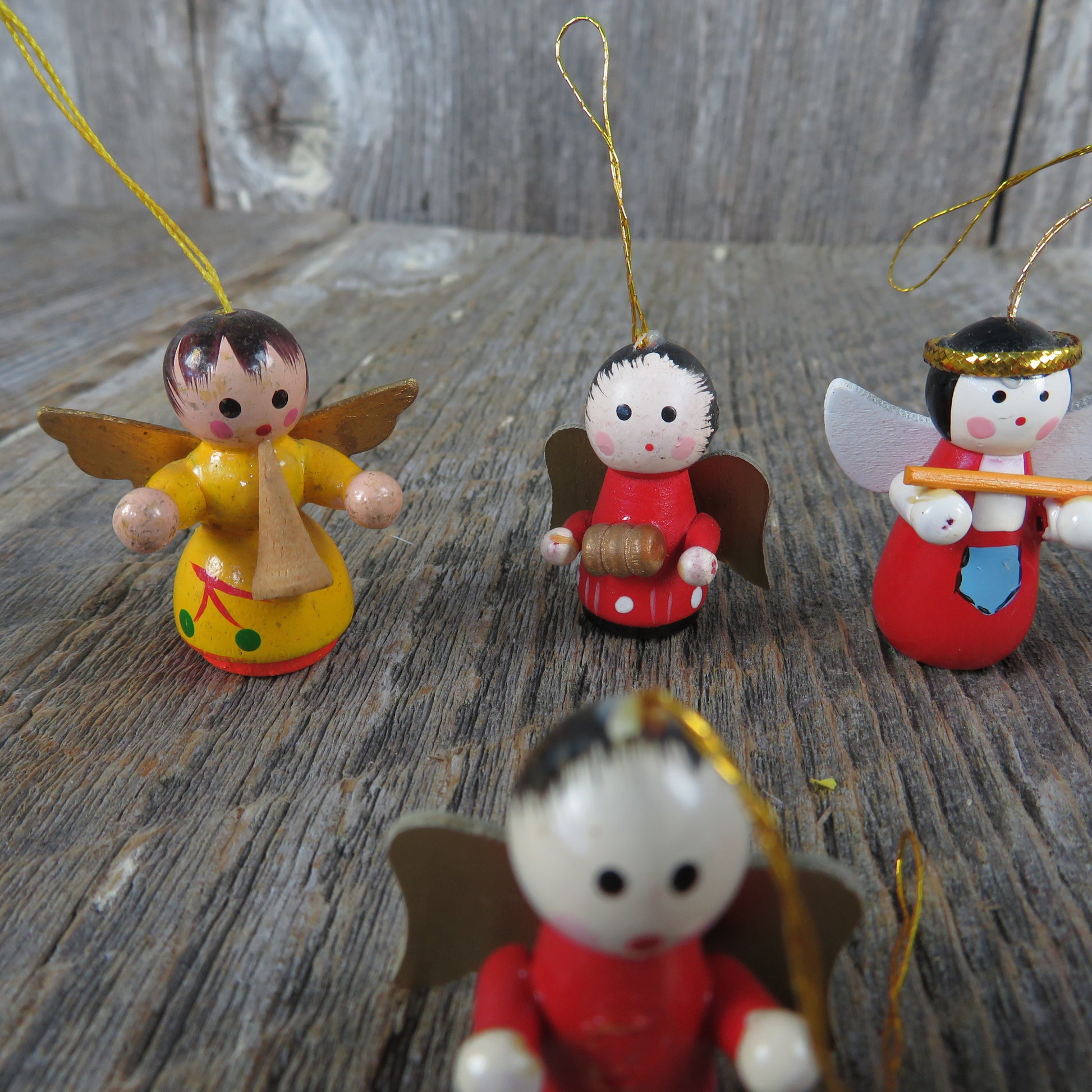 Vintage Wood Angel Ornament Set Lot Christmas Wooden Cardboard Wings Instruments Craft - At Grandma's Table