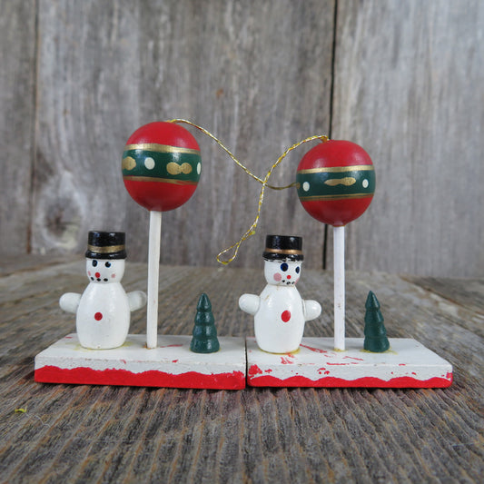 Vintage Snowman with Balloon and Tree Wood Ornament Set Christmas Wooden Scene Figurine Village - At Grandma's Table