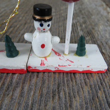 Load image into Gallery viewer, Vintage Snowman with Balloon and Tree Wood Ornament Set Christmas Wooden Scene Figurine Village - At Grandma&#39;s Table