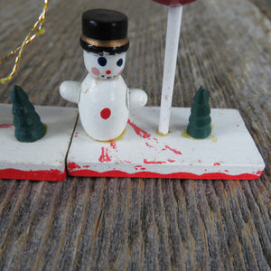 Vintage Snowman with Balloon and Tree Wood Ornament Set Christmas Wooden Scene Figurine Village - At Grandma's Table