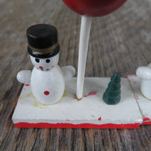 Load image into Gallery viewer, Vintage Snowman with Balloon and Tree Wood Ornament Set Christmas Wooden Scene Figurine Village - At Grandma&#39;s Table