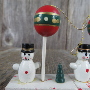 Vintage Snowman with Balloon and Tree Wood Ornament Set Christmas Wooden Scene Figurine Village - At Grandma's Table