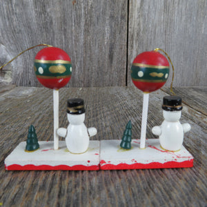 Vintage Snowman with Balloon and Tree Wood Ornament Set Christmas Wooden Scene Figurine Village - At Grandma's Table