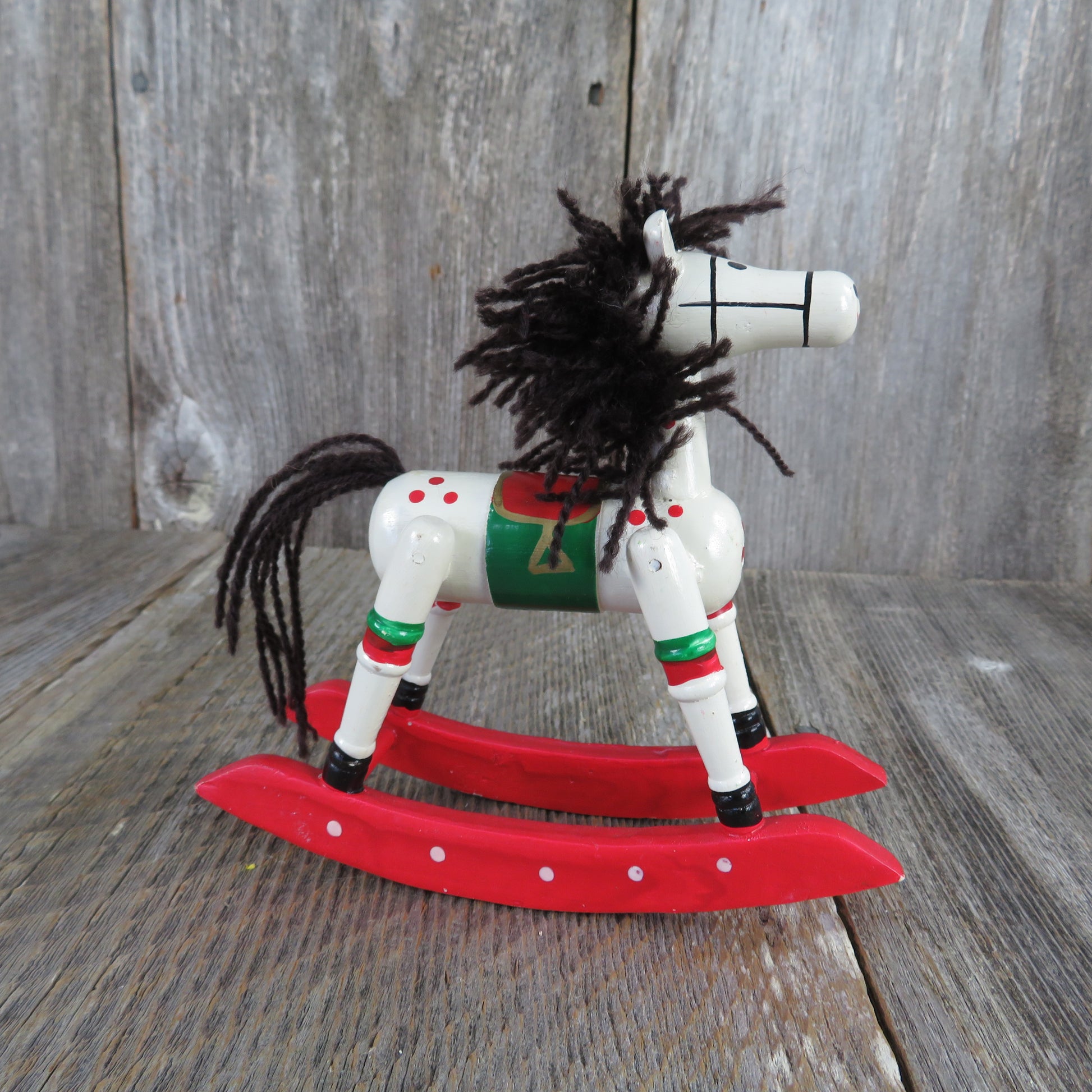 Vintage White Wooden Rocking Horse Pony Figurine Wood Christmas Red Green Saddle Yarn Mane - At Grandma's Table