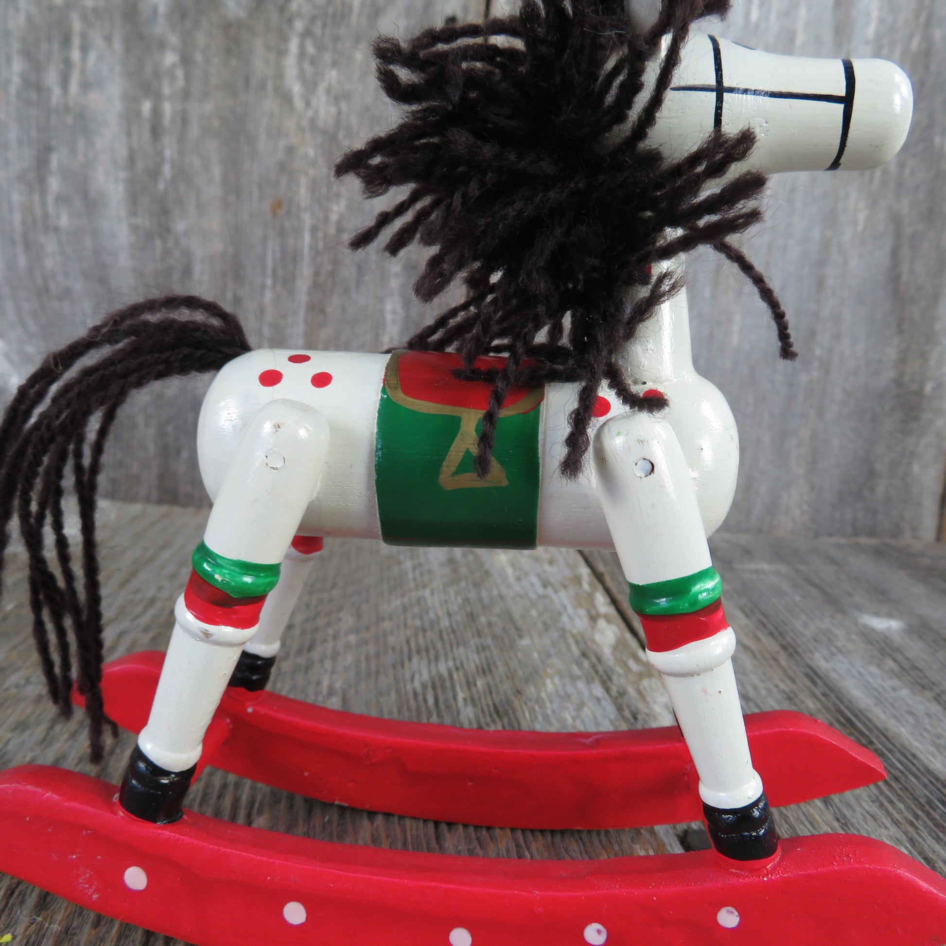Vintage White Wooden Rocking Horse Pony Figurine Wood Christmas Red Green Saddle Yarn Mane - At Grandma's Table