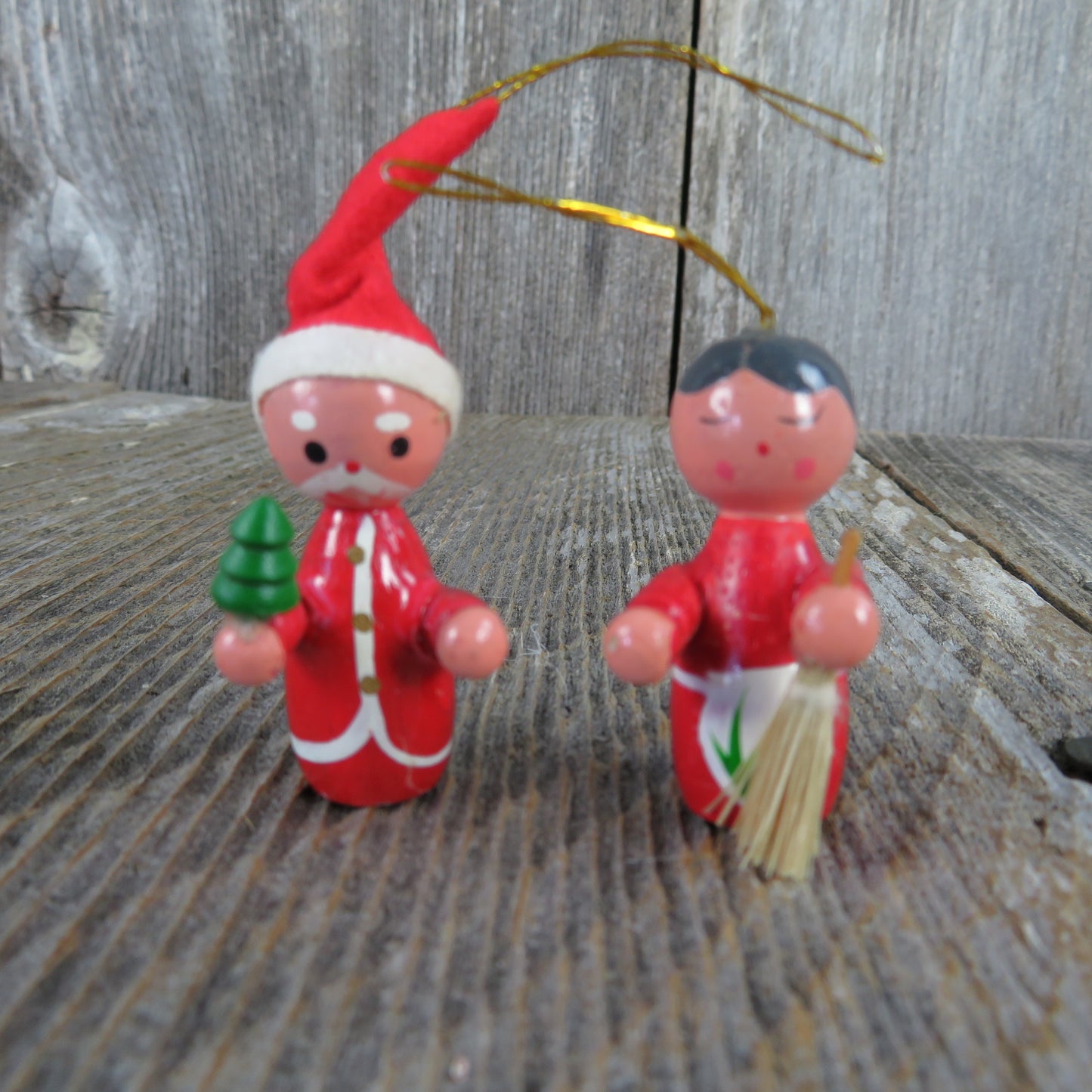 Vintage Mr and Mrs Santa Claus Wood Ornaments Christmas Tree Broom Felt Hat Mini - At Grandma's Table