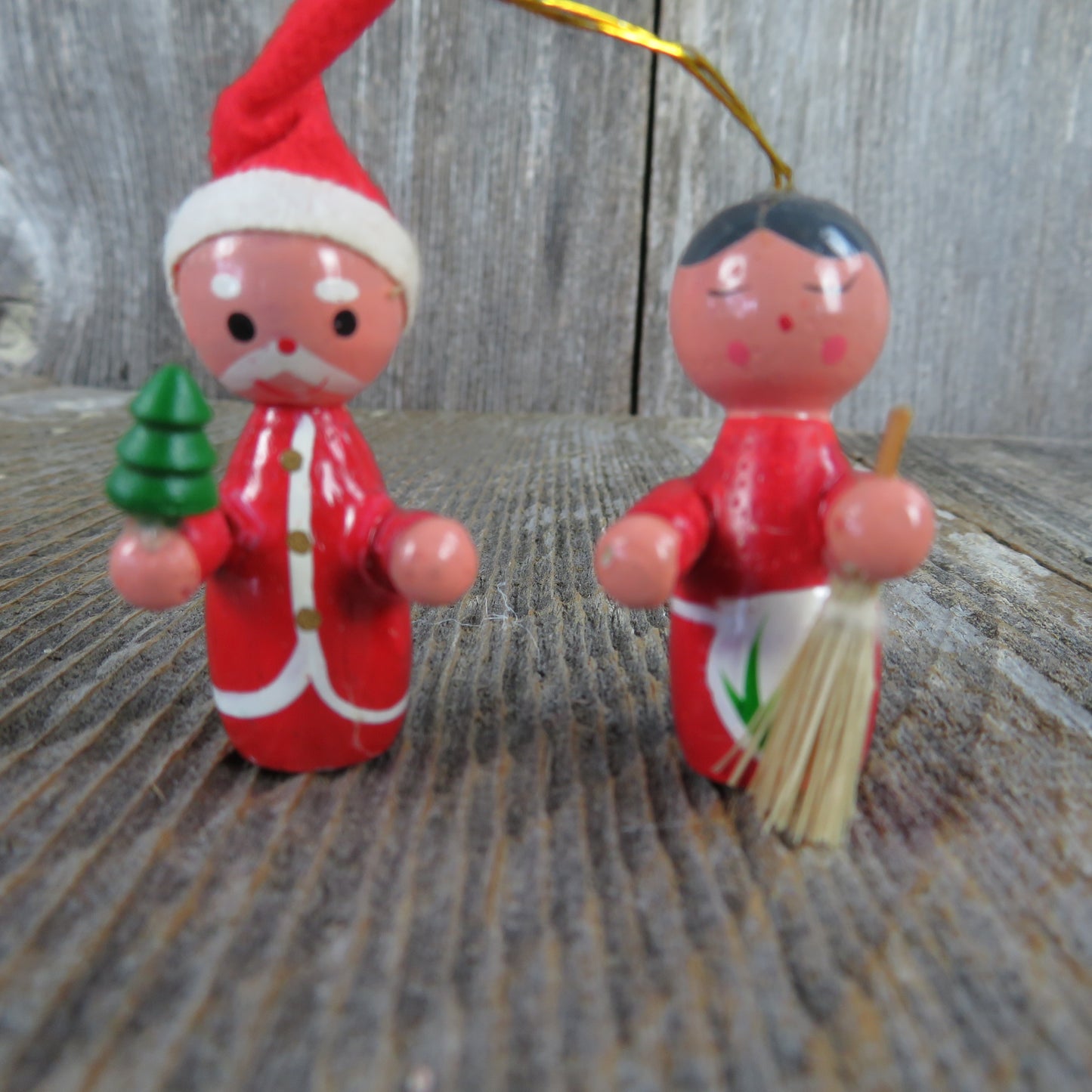 Vintage Mr and Mrs Santa Claus Wood Ornaments Christmas Tree Broom Felt Hat Mini - At Grandma's Table