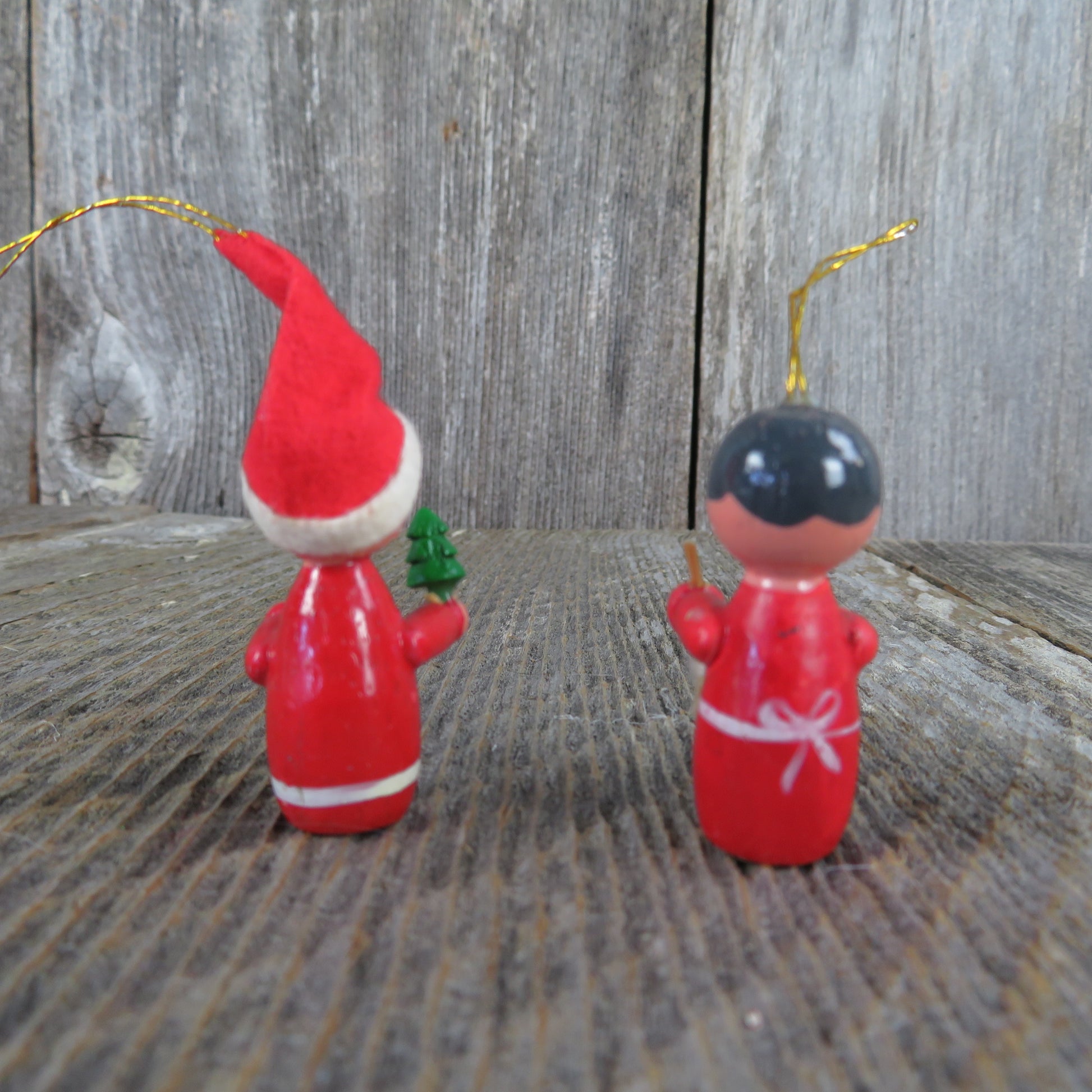 Vintage Mr and Mrs Santa Claus Wood Ornaments Christmas Tree Broom Felt Hat Mini - At Grandma's Table