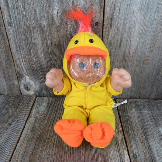 Vintage Troll in Duck Suit Doll Plush Yellow Orange Hair Blue Eyes Russ Berrie Stuffed Animal