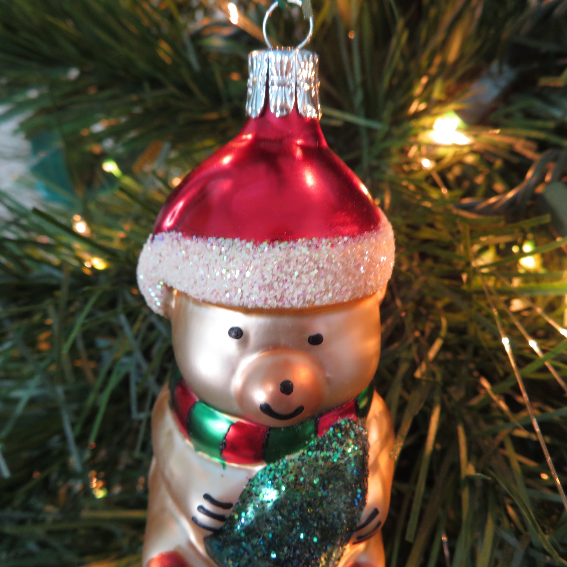 Vintage Teddy Bear in Santa Hat Glass Painted Ornament Czech Republic Glitter Tree - At Grandma's Table