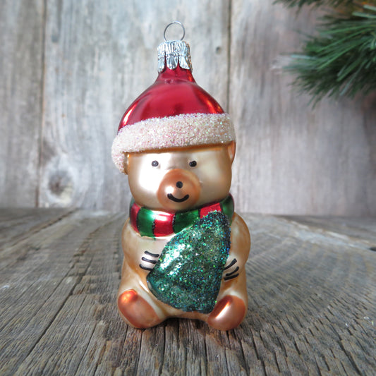 Vintage Teddy Bear in Santa Hat Glass Painted Ornament Czech Republic Glitter Tree - At Grandma's Table