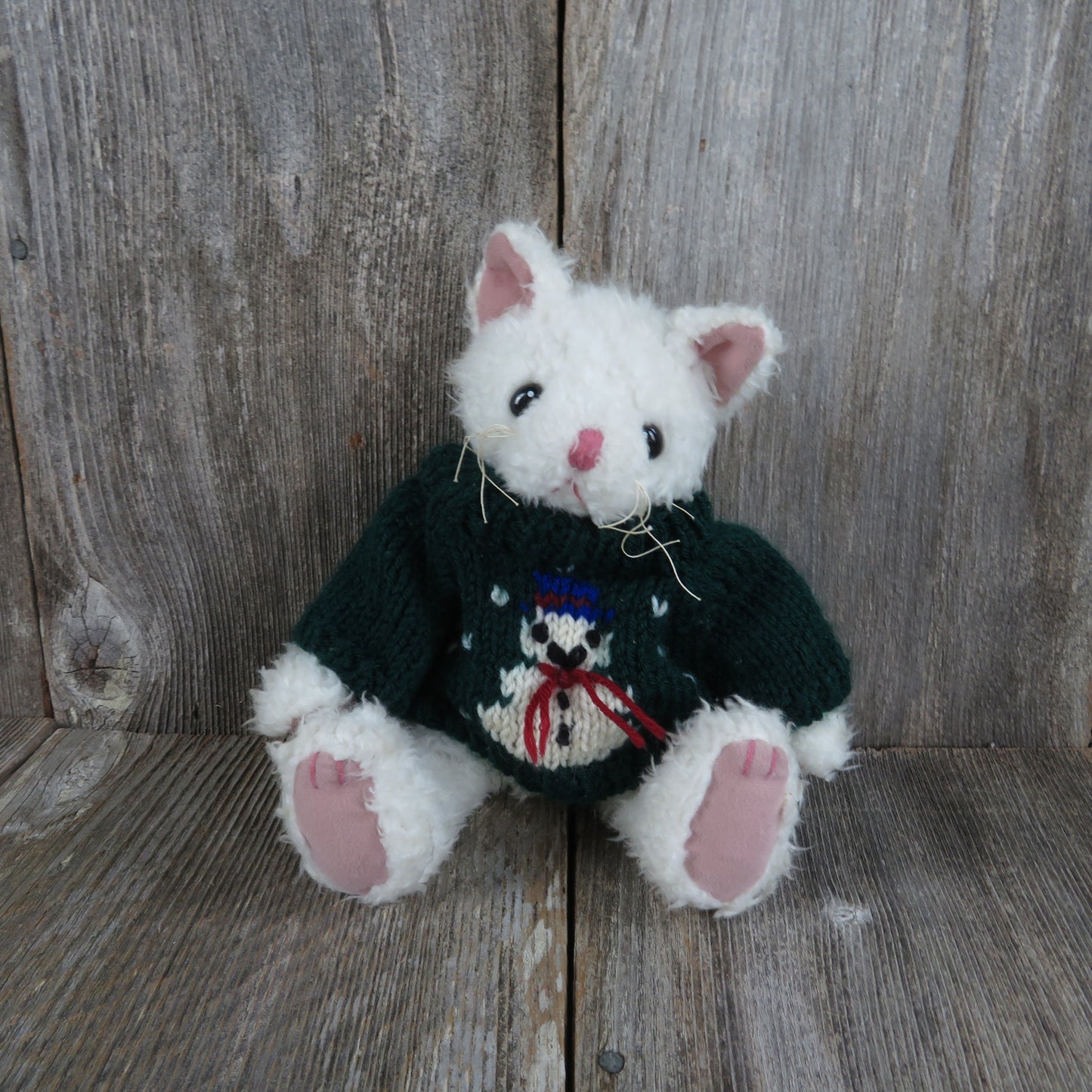 Vintage White Cat Kitty Plush Snowman Sweater Green Gibson Greetings Kitten Pink Whiskers Christmas