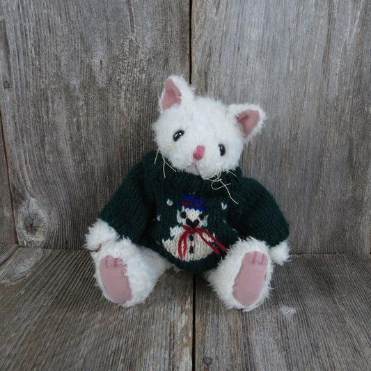 Vintage White Cat Kitty Plush Snowman Sweater Green Gibson Greetings Kitten Pink Whiskers Christmas - At Grandma's Table