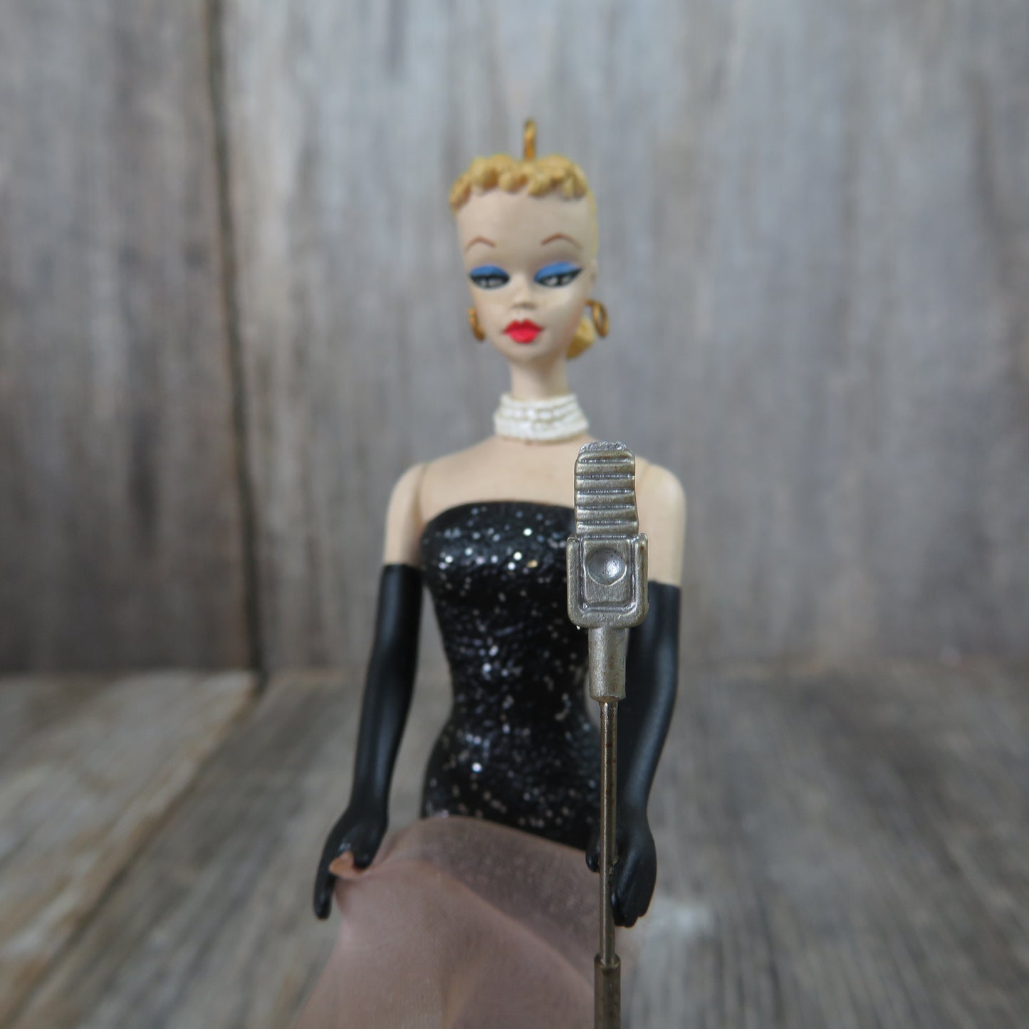 barbie black dress microphone Hallmark glamorous Barbie at microphone keepsake Christmas tree ornament 1995 decoration collectors series souvenir solo in the spotlight
