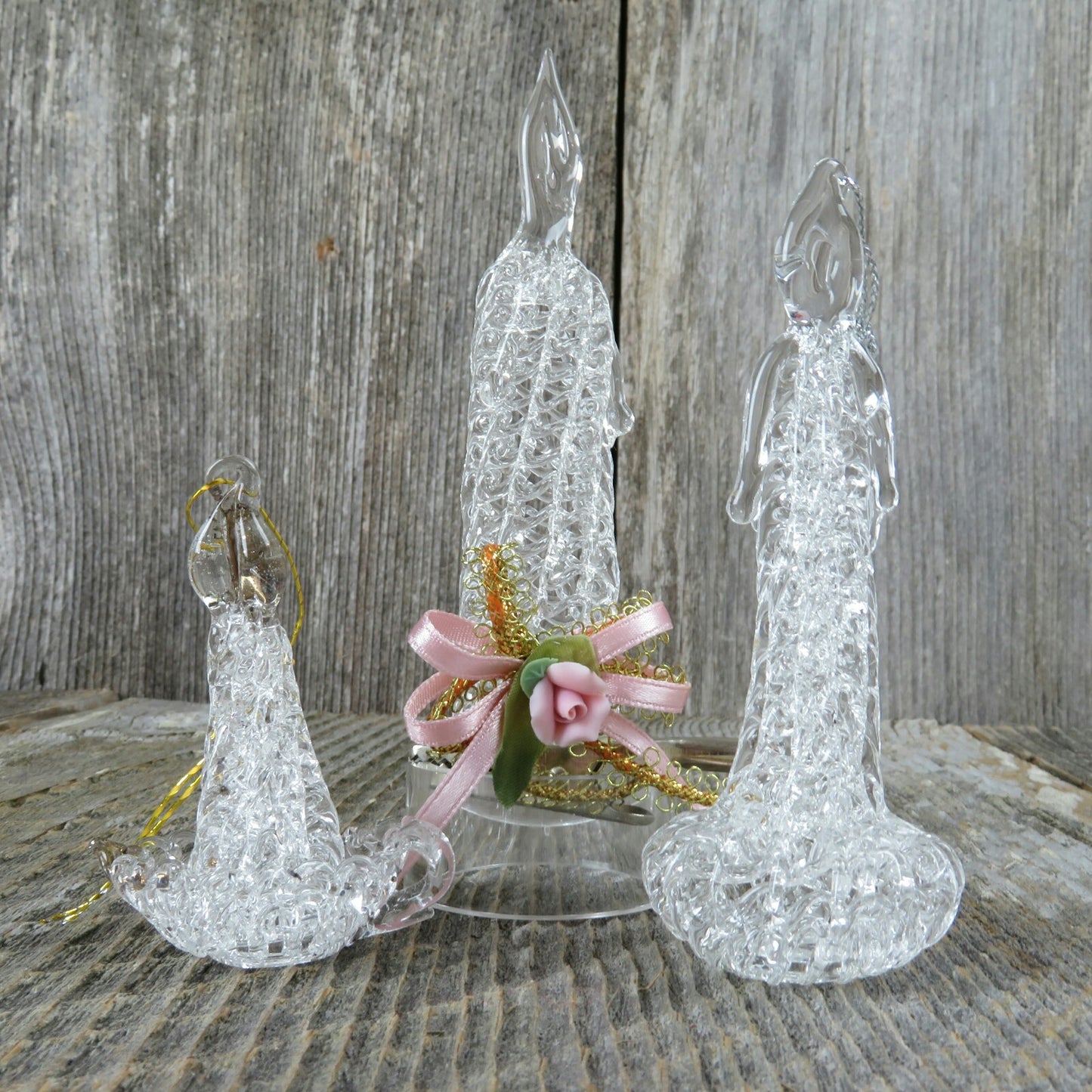 Vintage Candle Spun Glass Ornaments Clear Crystal Christmas Tree Set Lot - At Grandma's Table