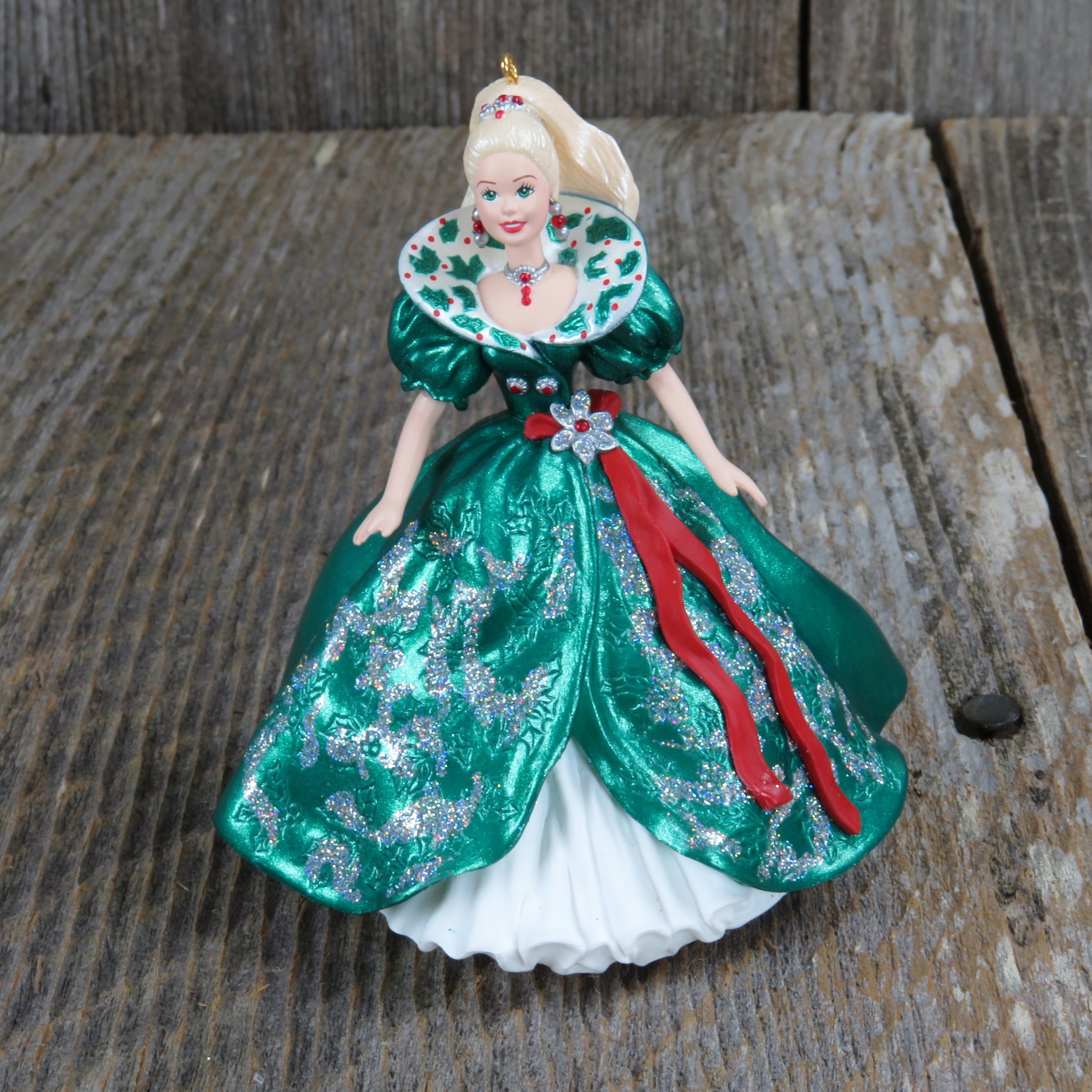 Vintage Holiday Barbie Hallmark Ornament 1995 Green Dress and