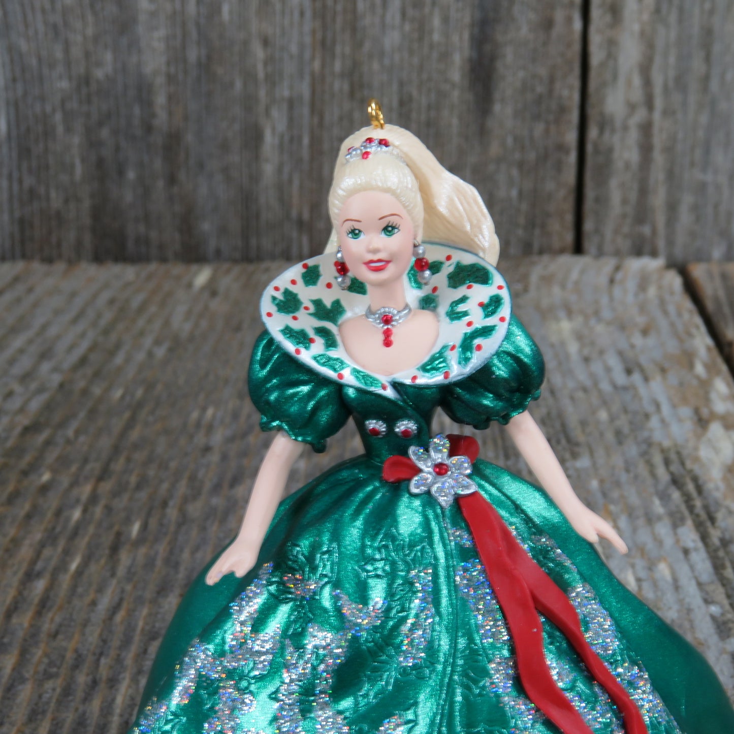 Vintage Holiday Barbie Hallmark Ornament 1995 Green Dress and Blonde Hair Christmas Collector's Series - At Grandma's Table