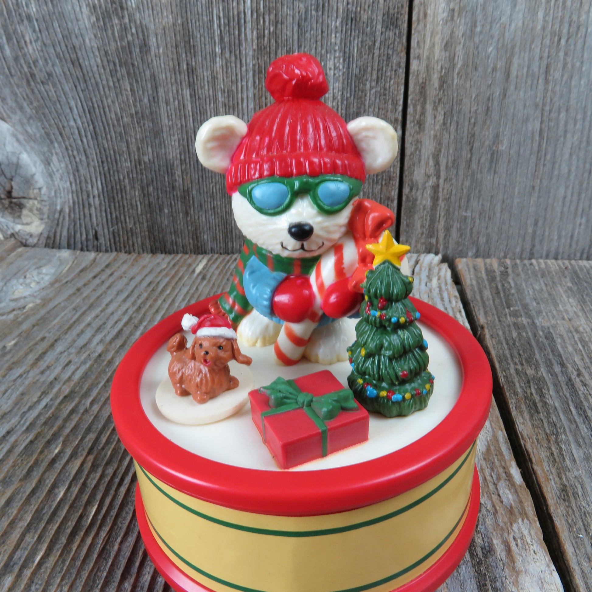 Vintage Christmas Music Box Seymour Mann Motion Musicals 1991 Polar Bear Dog - At Grandma's Table