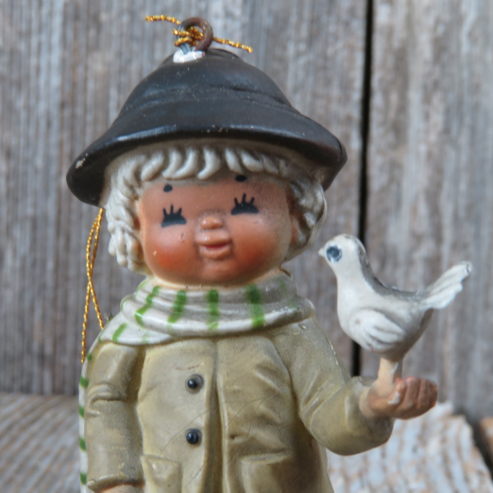 Vintage Boy with Dove Bird Christmas Ornament 1983 Bradford With Scarf and Hat - At Grandma's Table