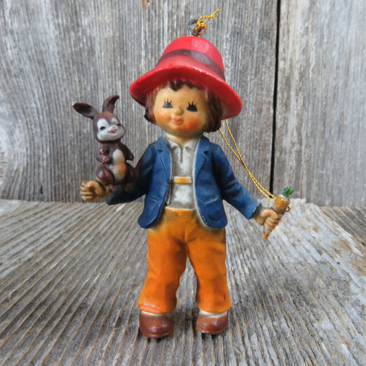 Vintage Boy with Bunny Rabbit and Carrot Christmas Ornament 1983 Bradford 7412 - At Grandma's Table