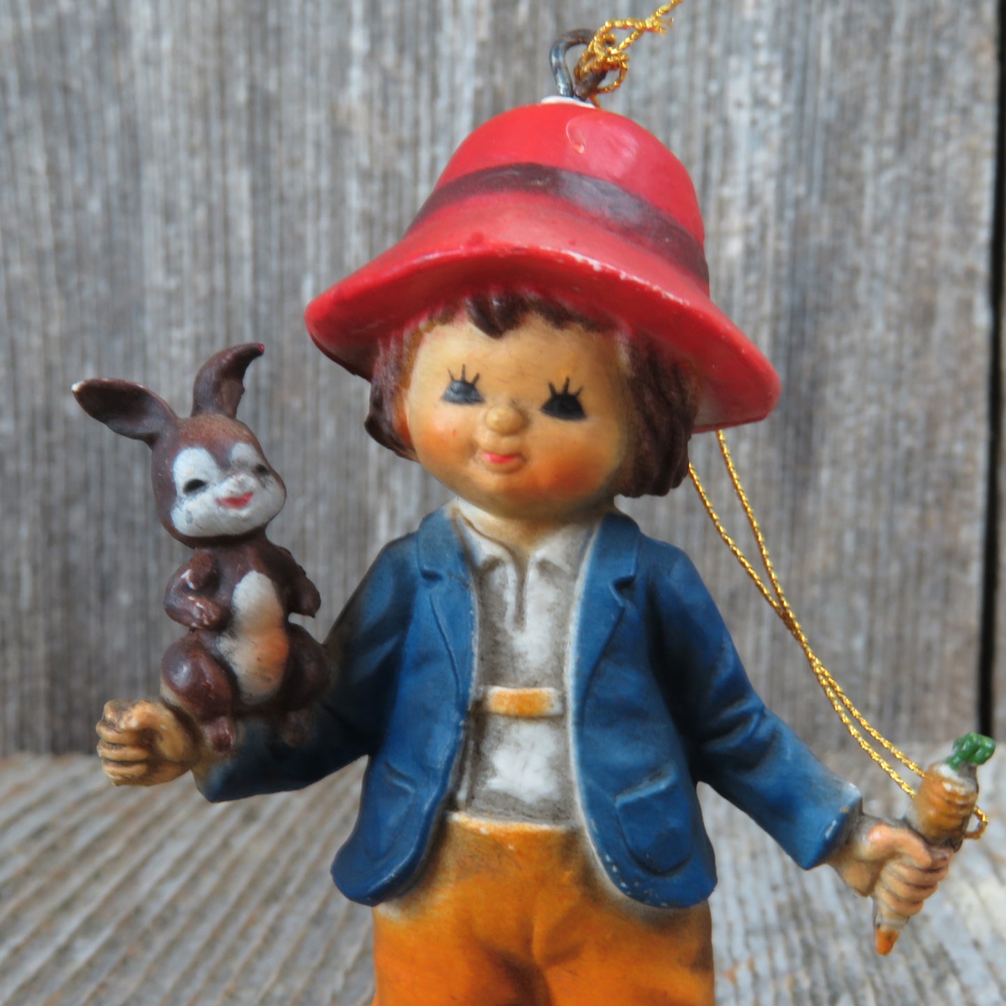 Vintage Boy with Bunny Rabbit and Carrot Christmas Ornament 1983 Bradford 7412 - At Grandma's Table