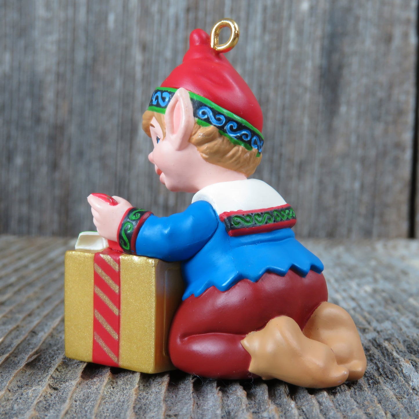 Ready for Delivery Hallmark Keepsake Christmas Ornament 2001 Elf Wrapping Gift - At Grandma's Table