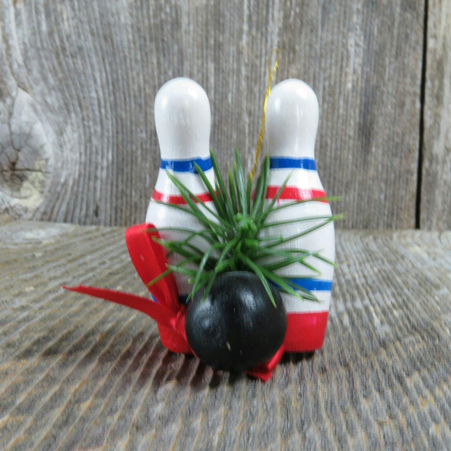 Vintage Bowling Ball and Pins Wood Christmas Ornament with Red Bow Holiday Decor - At Grandma's Table
