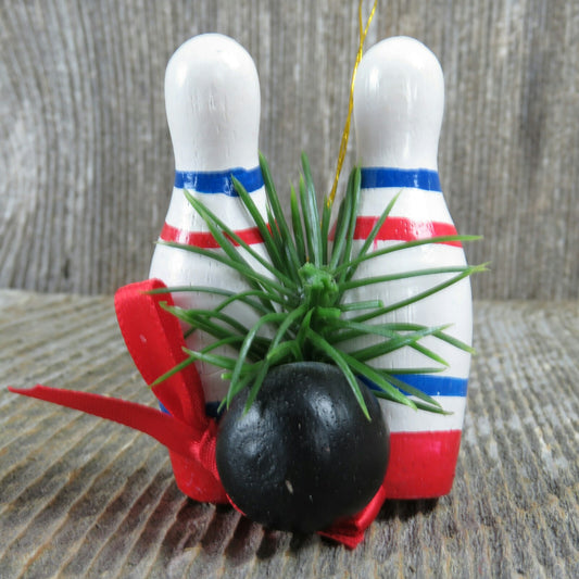 Vintage Bowling Ball and Pins Wood Christmas Ornament with Red Bow Holiday Decor - At Grandma's Table