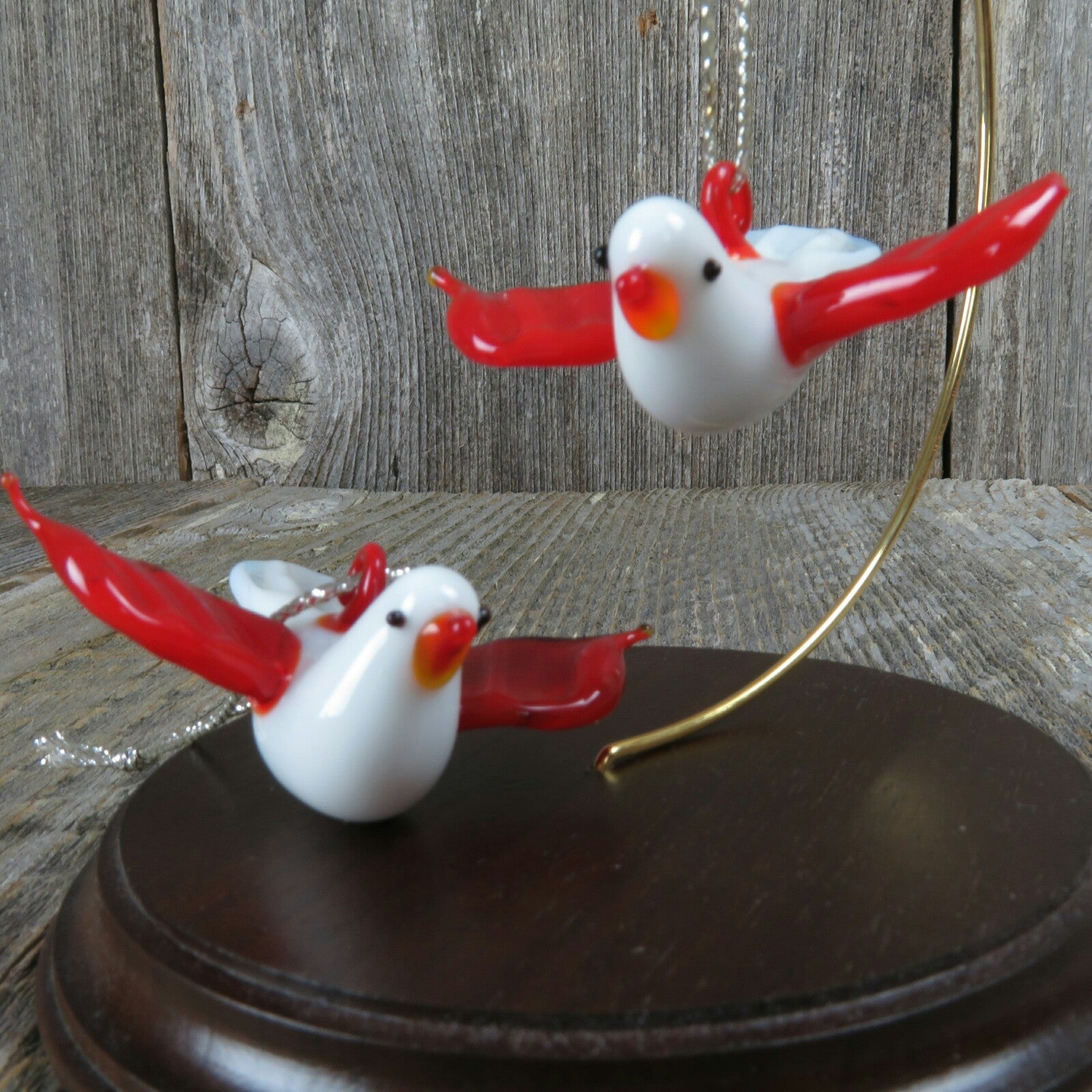 Vintage Glass Birds Christmas Ornament Lot of 2 Red White Silver Loops - At Grandma's Table