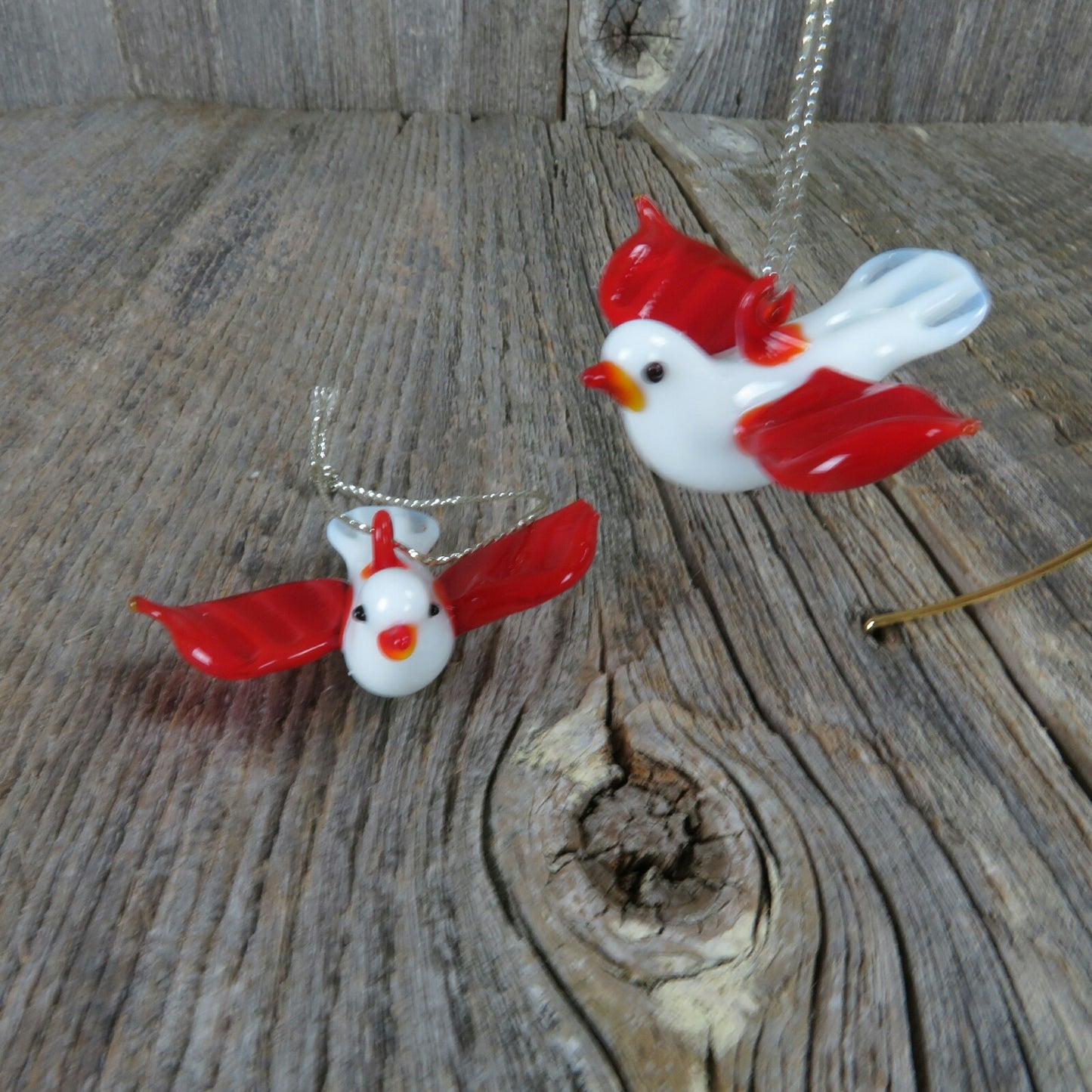 Vintage Glass Birds Christmas Ornament Lot of 2 Red White Silver Loops - At Grandma's Table