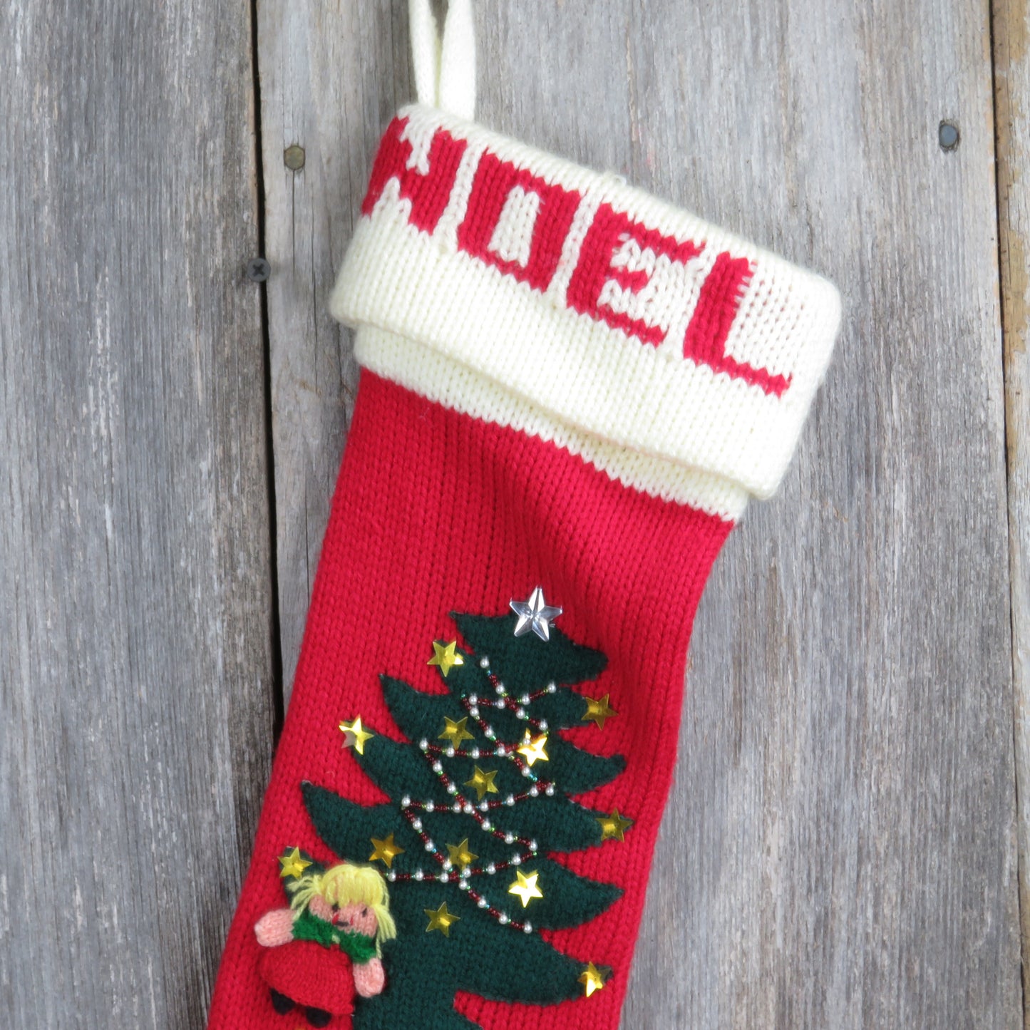 Vintage Knit Christmas Stocking Applique Beaded Tree Gifts Noel - At Grandma's Table