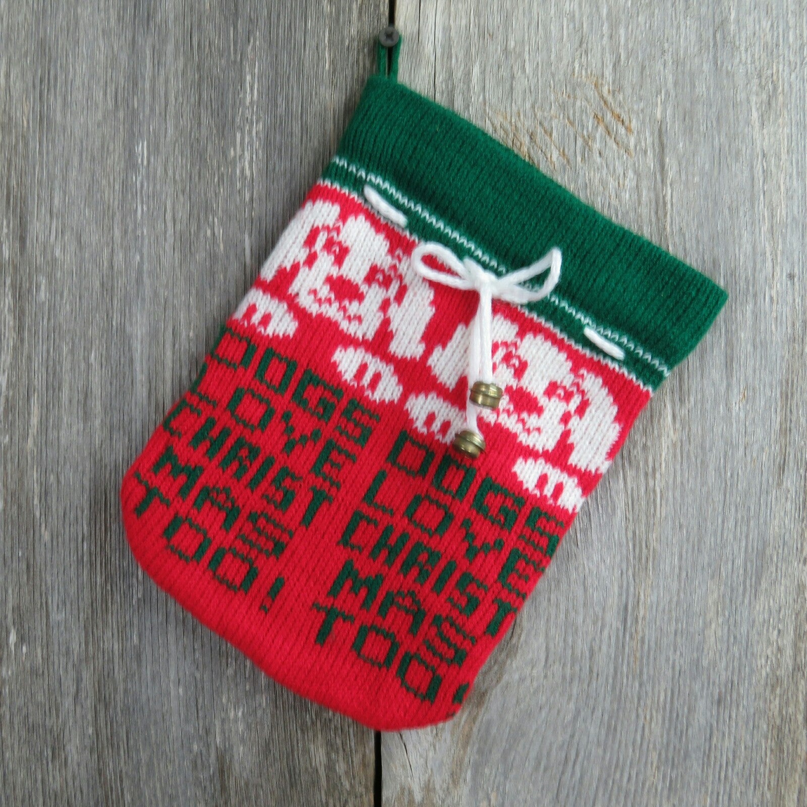 Vintage Dog Christmas Santa Sack Stocking Knitted Knit Dogs Love Christmas Too - At Grandma's Table