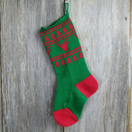 Vintage Reindeer Stocking Knitted Knit Christmas Tree Red Green - At Grandma's Table