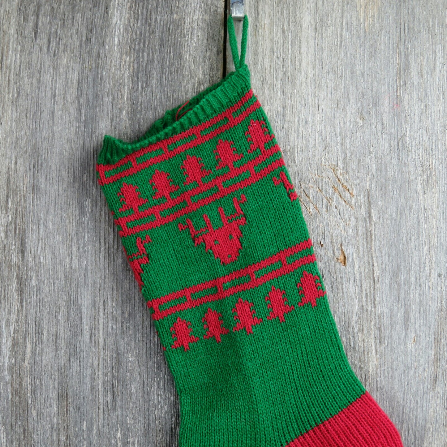 Vintage Reindeer Stocking Knitted Knit Christmas Tree Red Green - At Grandma's Table