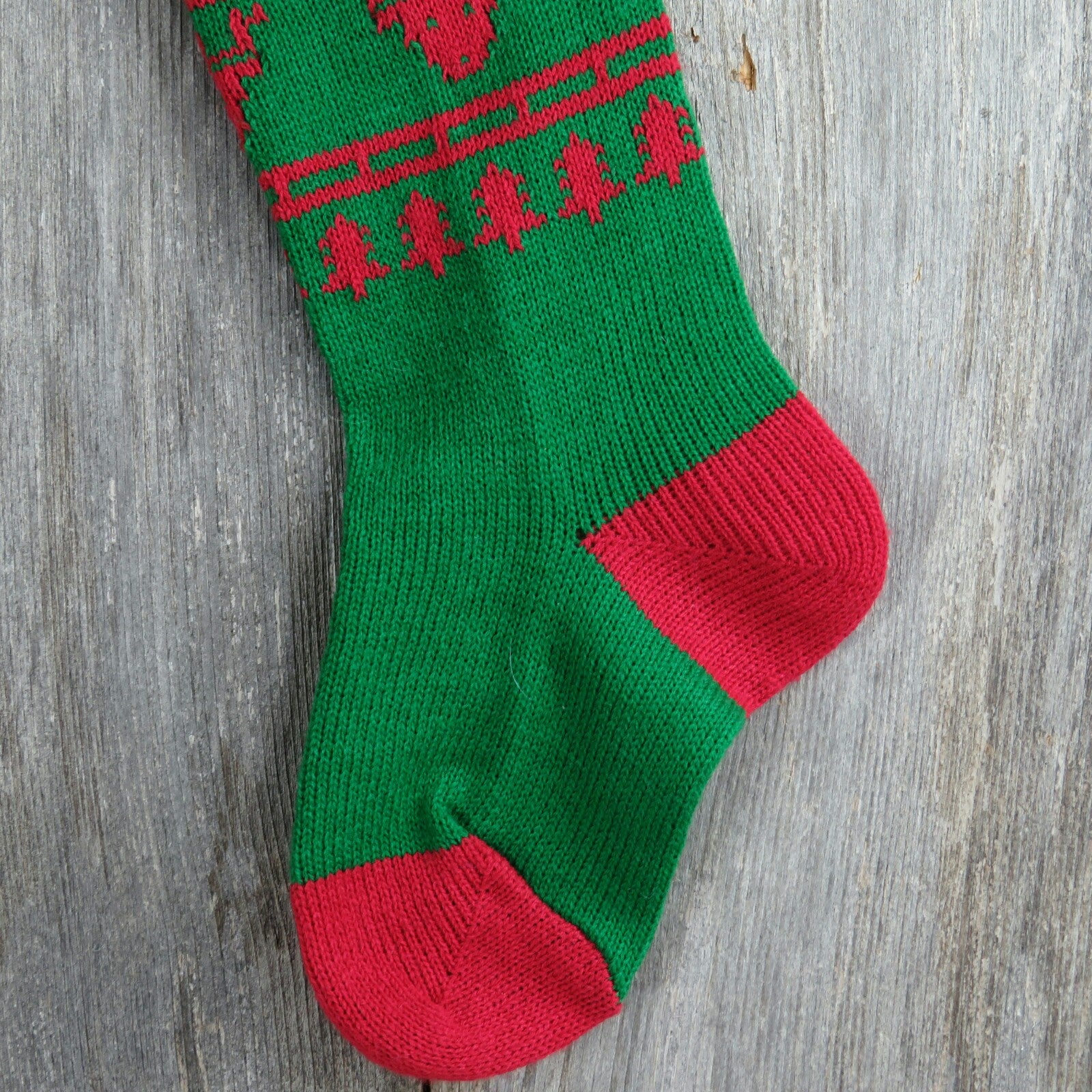 Vintage Reindeer Stocking Knitted Knit Christmas Tree Red Green - At Grandma's Table