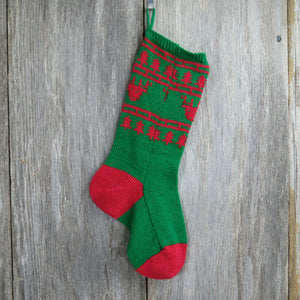 Vintage Reindeer Stocking Knitted Knit Christmas Tree Red Green - At Grandma's Table