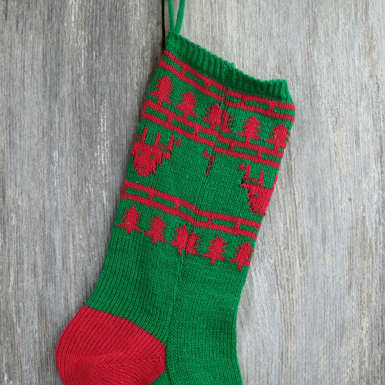 Vintage Reindeer Stocking Knitted Knit Christmas Tree Red Green - At Grandma's Table