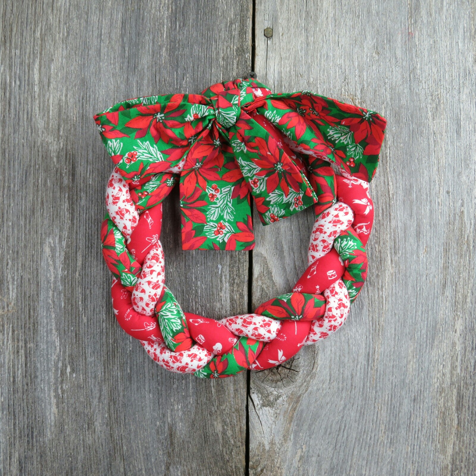 Vintage Handmade Christmas Wreath Twisted Fabric Red Green Santa Poinsettia Holiday Decor Door Hanger - At Grandma's Table