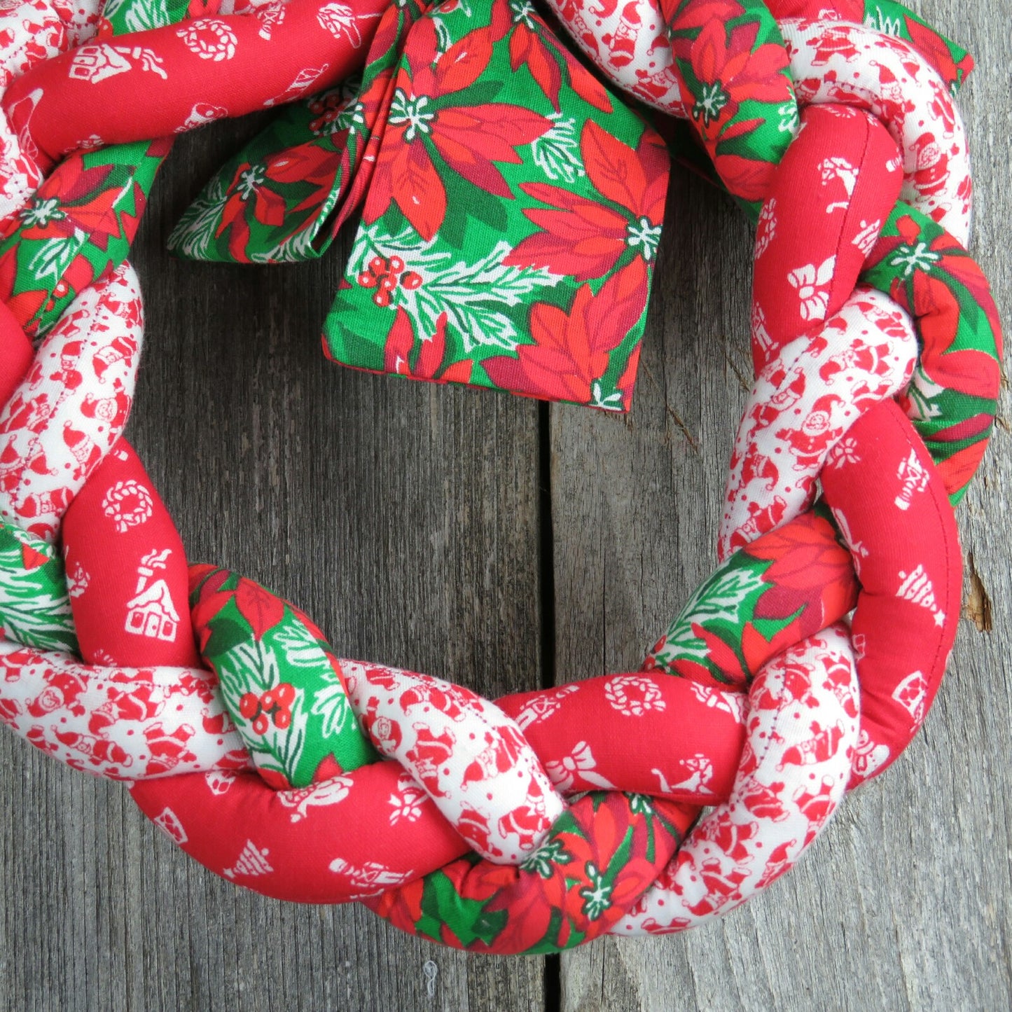 Vintage Handmade Christmas Wreath Twisted Fabric Red Green Santa Poinsettia Holiday Decor Door Hanger - At Grandma's Table