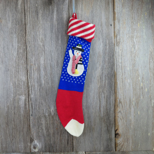 Vintage Knit Christmas Stocking Applique Snowman Frosty Blue Red Chunky ST107 - At Grandma's Table