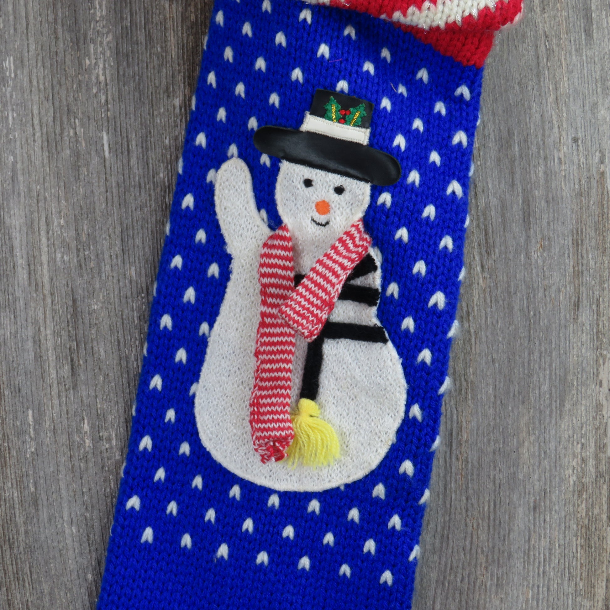 Vintage Knit Christmas Stocking Applique Snowman Frosty Blue Red Chunky ST107 - At Grandma's Table