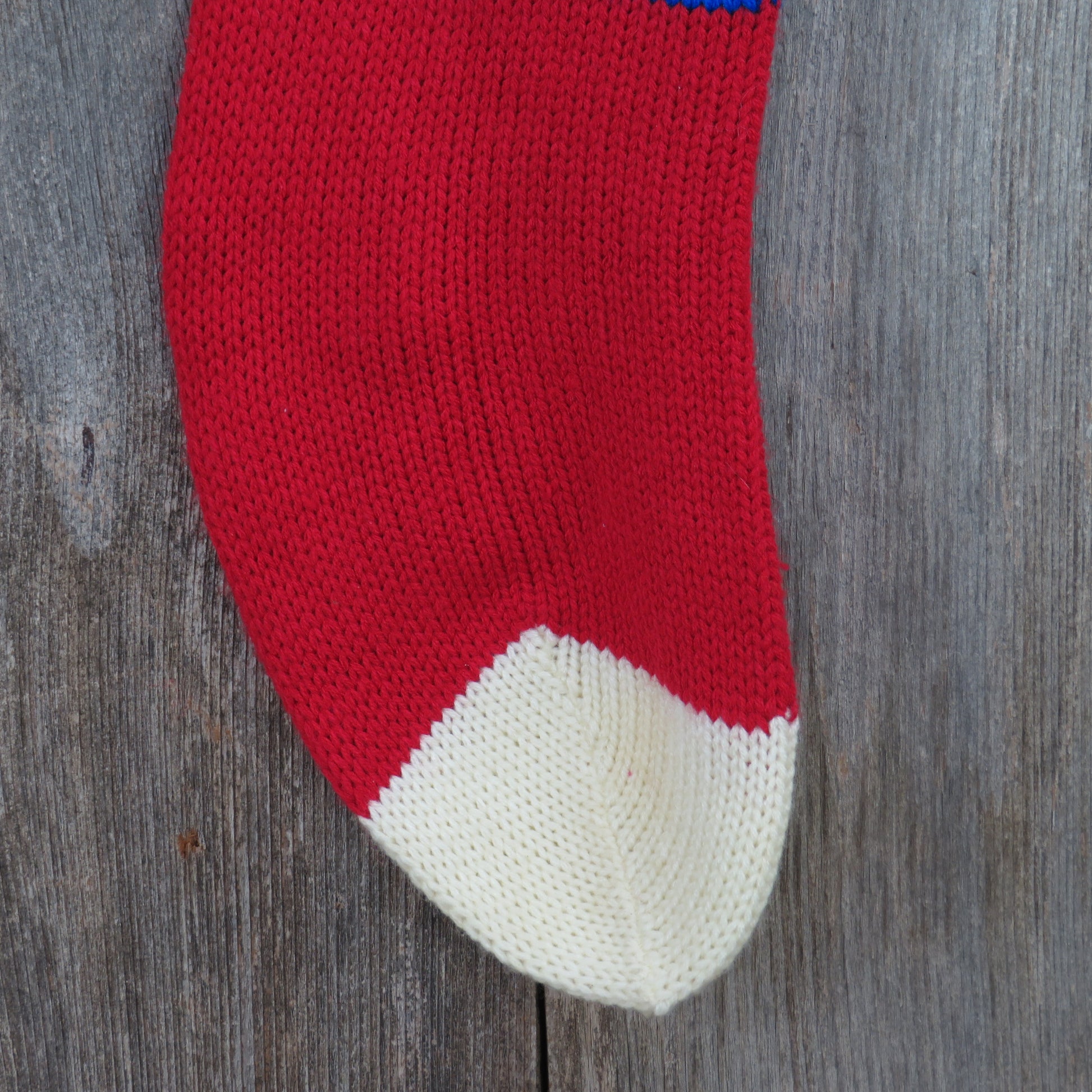 Vintage Knit Christmas Stocking Applique Snowman Frosty Blue Red Chunky ST107 - At Grandma's Table