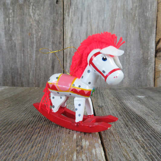 Vintage Wooden Rocking Horse Pony Ornament Wood Christmas Polka Dot Red Mane White Body
